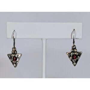 Vintage Sterling Silver 925 Triangle Dangle Earrings Red Glass Cabochon